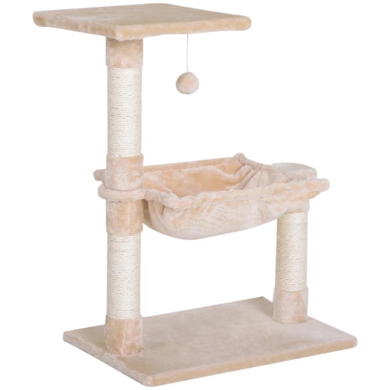 Beige Cat Scratch Post with Bed - Indoor Cat Tree & Hammock, Sisal Scratching Posts for Active Kittens