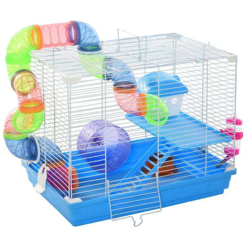 Blue 2-Tier Hamster Cage with Handle, Exercise Wheels, Tunnel, Water Bottle & Accessories for Dwarf Gerbils