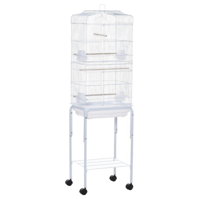 Premium Bird Cage for Budgies, Finches & Parakeets with Stand, Wheels, Slide-out Tray & Storage Shelf - White 46.5x36x157 cm