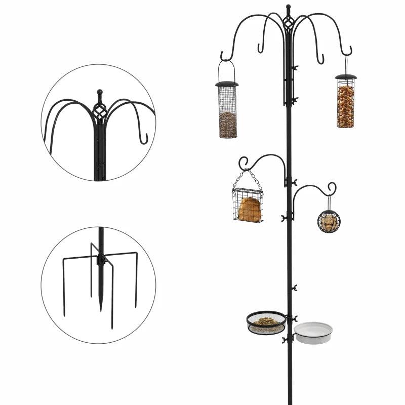 Premium Bird Feeding Station Kit - 6 Hook Wild Bird Feeder Pole with 4 Hanging Feeders for Garden & Outdoor Use - Black