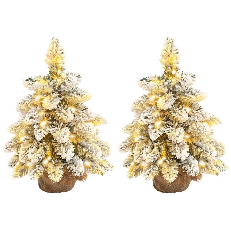 Set of 2 Mini 1.5ft Snow Flocked Christmas Trees with Lights - Battery Operated Tabletop Holiday Decor