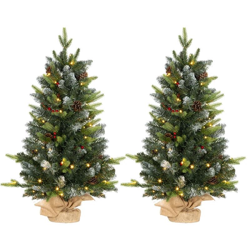 Set of 2 Pre-Lit 3ft Christmas Trees with Berries & Pinecones - Perfect Holiday Decor for Home & Office
