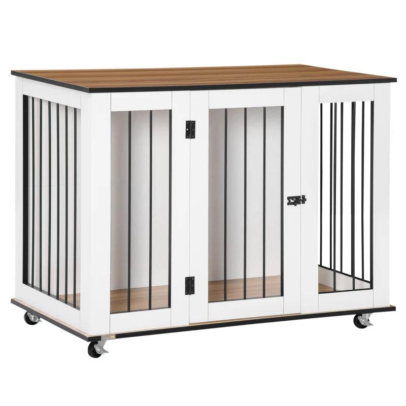 Stylish Dog Crate Furniture with Wheels - Large Dog Cage End Table, 106 x 60 x 82 cm, White Finish
