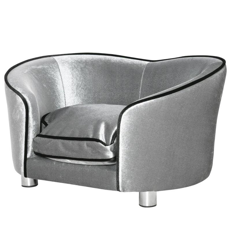 Stylish Dog Sofa Pet Chair with Wooden Frame, Removable Cushion - Grey & Silver-Tone Kitten Bed Couch