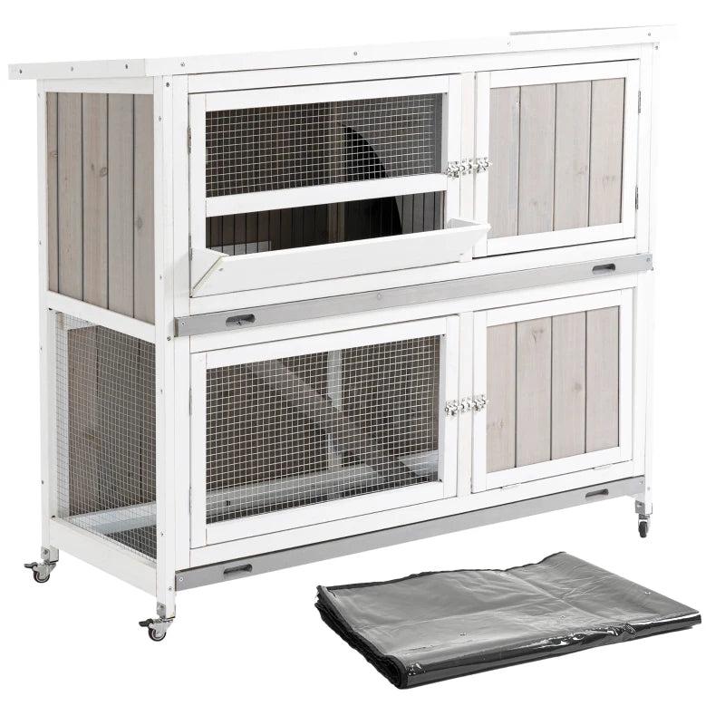 White Wooden Pet Hutch - Two-Tier Cage with Rain Cover & Wheels for Easy Mobility - Perfect for Rabbits & Small Pets