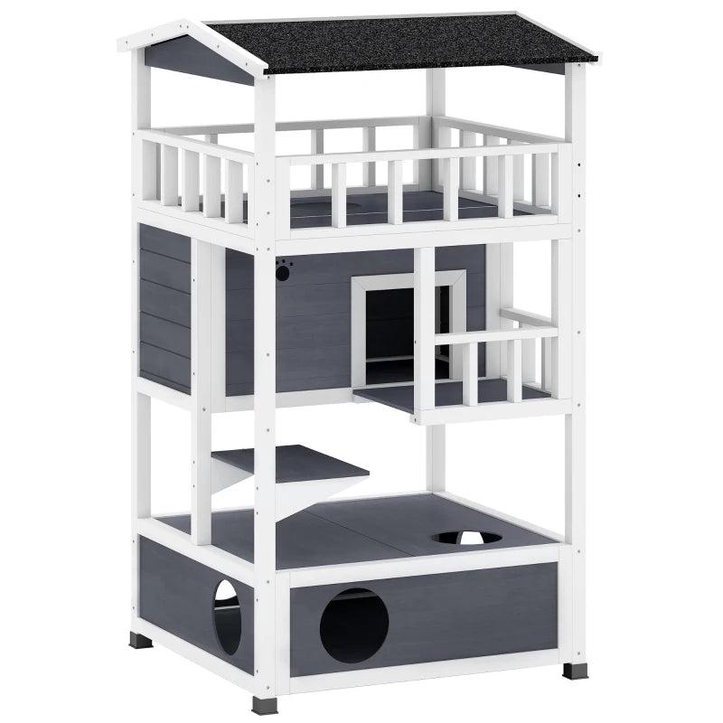 Wooden 3-Tier Outdoor Cat House with Tilted Roof, Terrace, Jump Step, Waterproof Grey Shelter for Cats