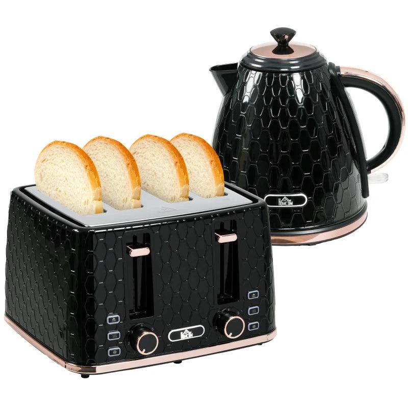 1.7L 3000W Fast Boil Kettle & 4 Slice Toaster Set - Black, 7 Browning Controls, Crumb Tray, Kitchen Essentials