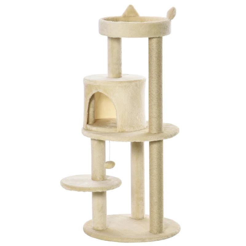 104 cm Cat Tree Condo Tower - Plush Perch, Scratching Posts & Hanging Ball - Cream White Activity Centre for Cats