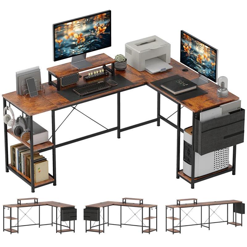 168cm Reversible L Shaped Desk - Industrial Corner Computer Table with Adjustable Shelf & Storage Bag, Rustic Brown, 2 Person PC Table