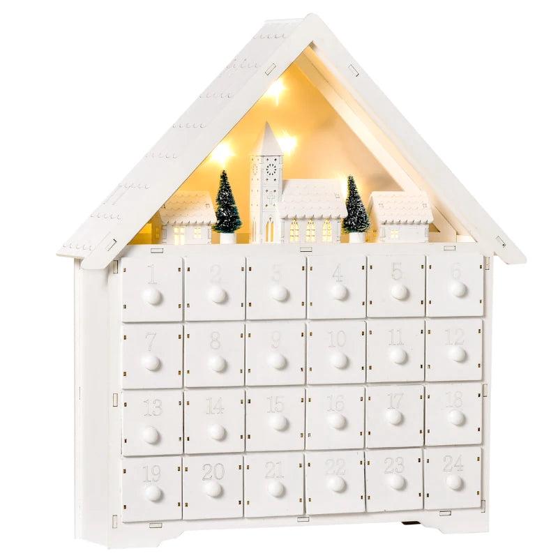 24-Drawer Light-Up Wooden Christmas Advent Calendar - Traditional Holiday Countdown Decoration for Kids & Adults - White House Design