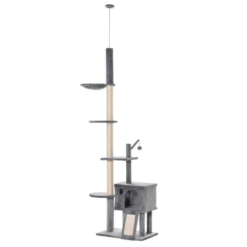 270cm Cat Tree for Indoor Cats - Floor to Ceiling Scratching Post with Hammock & Hanging Ball - Grey Activity Center