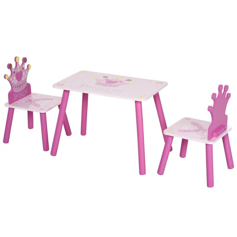 3-Piece Kids Table and Chair Set - Princess & Crown Theme - Pink Home Furniture Gift for Ages 2-4