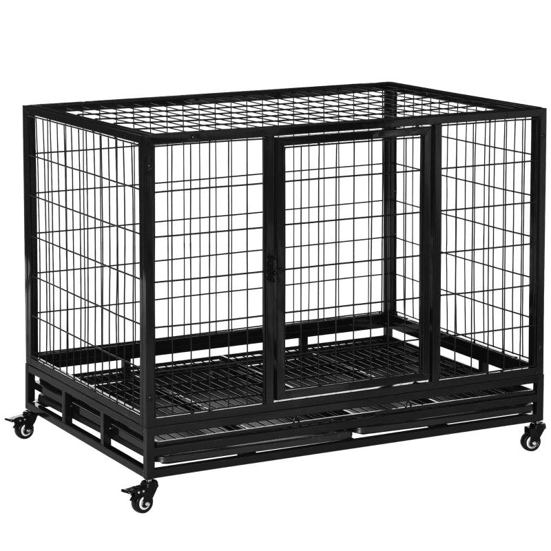 43" Heavy Duty Metal Dog Crate with Tray & Wheels - Large Black Pet Kennel for Dogs
