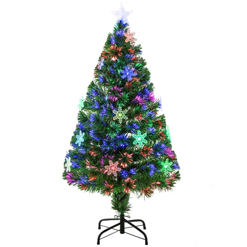 4FT Green Fibre Optic Christmas Tree with Colorful LED Lights & Snowflake Ornaments - Fireproof Artificial Xmas Decor