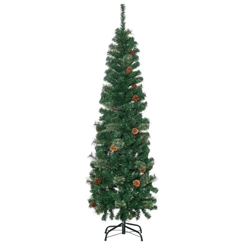 5.5FT Slim Pencil Artificial Christmas Tree with Realistic Branches, Pine Cones & Needles - Perfect Xmas Decoration, Green