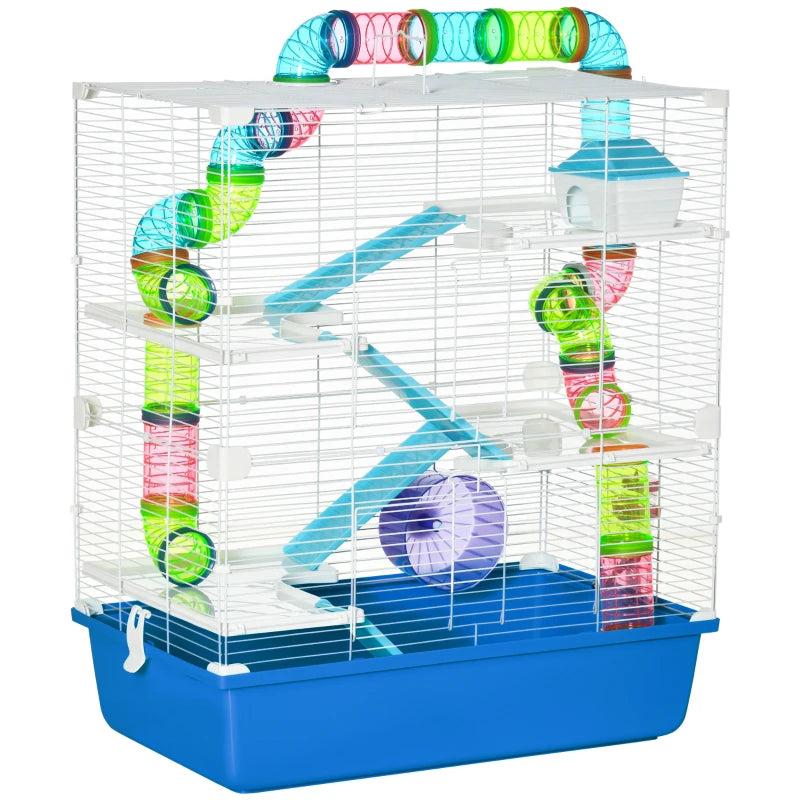 5-Tier Hamster Cage with Tube, Water Bottle, Exercise Wheel & Food Dish - Blue, 59L x 36W x 69H cm