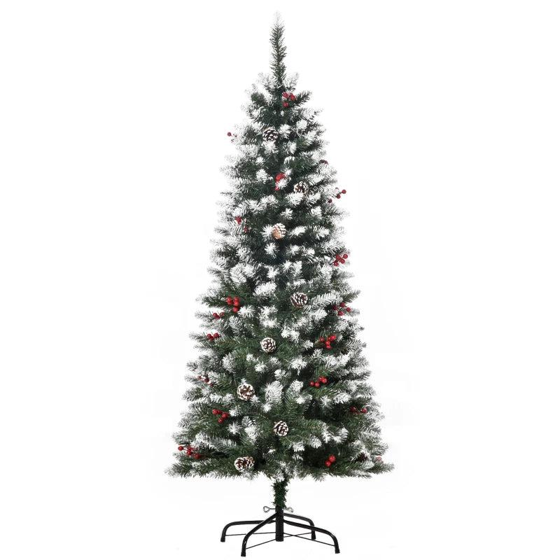5FT Artificial Christmas Pencil Tree with Red Berries & Pinecones - Foldable Indoor Holiday Decoration, Green Xmas Tree