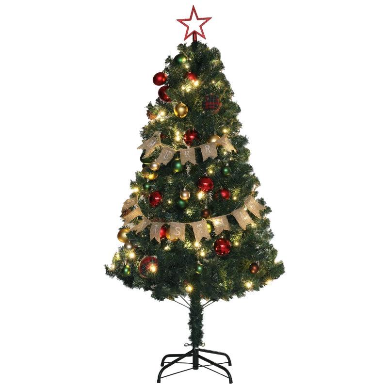 5ft Pre-Lit Christmas Tree with Red and Warm White Decorations - Festive Green Holiday Decor for Home