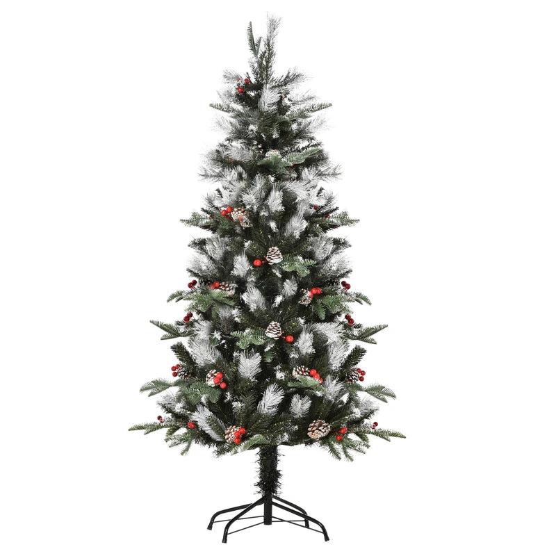 5FT Snow Dipped Christmas Pencil Tree with Red Berries & White Pinecones - Foldable Holiday Decoration for Home Parties