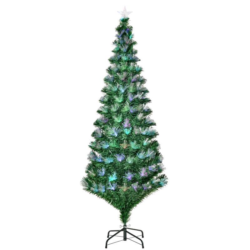 6FT Multicoloured Pre-Lit Artificial Christmas Tree with Fibre Optic Lights, Metal Stand & Star Holder - Festive Home Decoration