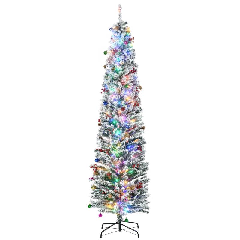 7.5' Prelit Artificial Christmas Tree with Colorful LED Lights, Flocked Tips, Berries & Pine Cones - Holiday Decor