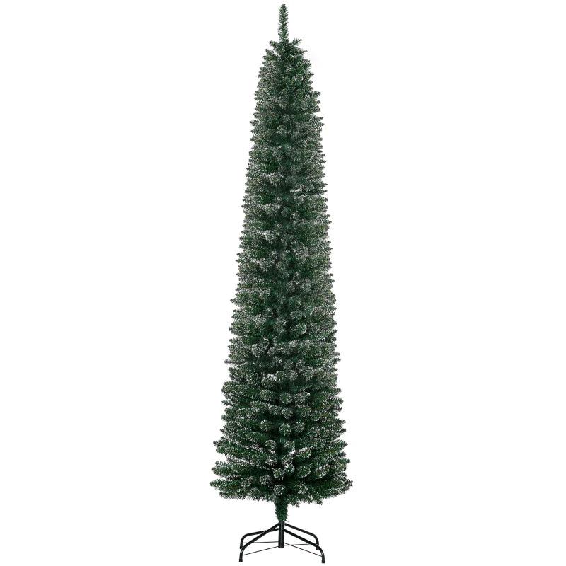 7.5FT Snow Dipped Christmas Pencil Tree - Foldable Black Stand, Green Holiday Indoor Decoration for Festive Home Decor