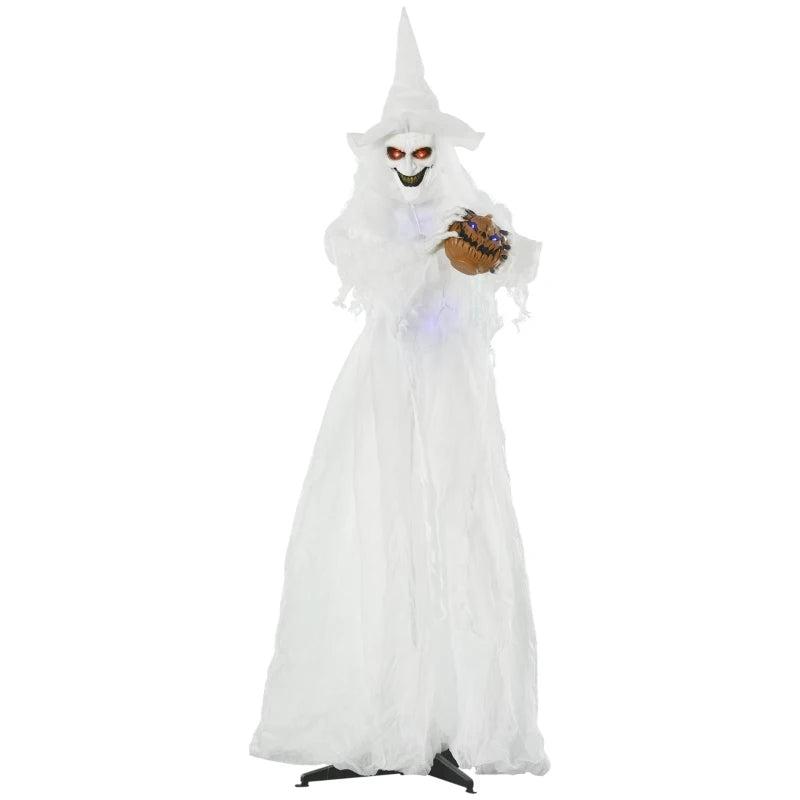 74" Halloween Decorations - Life Size White Witch Holding Pumpkin Head & Skeleton Ghost Prop with Light Up Eyes