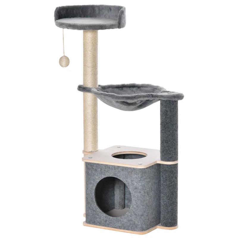 95cm Cat Tree for Indoor Cats - Climbing Tower with Scratching Post, Condo, Hammock & Hanging Toy - Grey