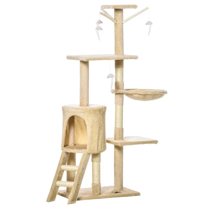 Beige Multi-Level Cat Tree with Scratching Post, Ladder & Cozy Cat House - Perfect for Play & Relaxation