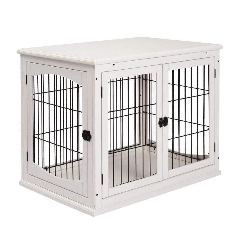 Stylish Dog Crate Furniture - Puppy End Table Kennel with 2 Doors for Medium & Small Dogs, White, 81x58.5x66 cm