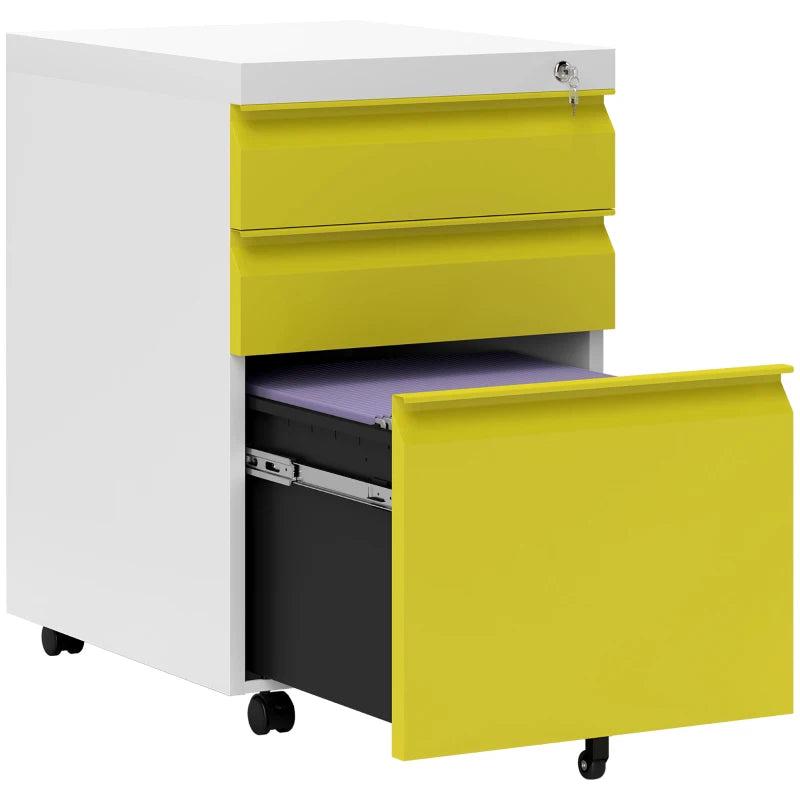 Vinsetto Mobile Metal File Cabinet - 3 Drawer Anti-Tilt Design for Letter, A4, Legal Size - Stylish Yellow
