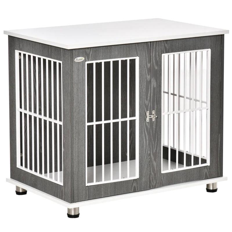 Wooden Dog Crate End Table Kennel with Lockable Door for Small & Medium Dogs - Grey & White, 85x55x75 cm