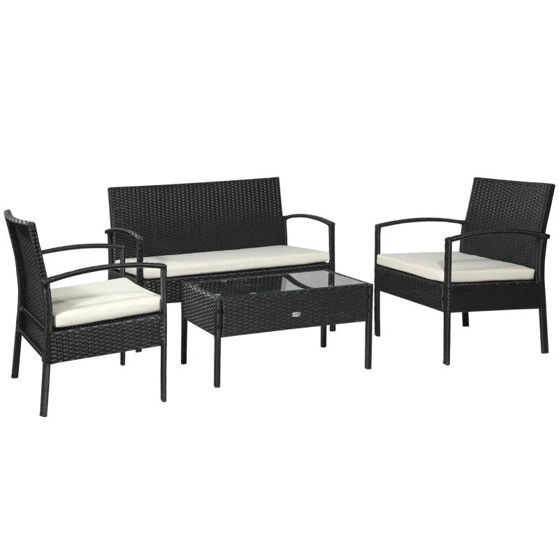 Black 4-Piece PE Rattan Garden Set: Corner Sofa with Cushions, Armchairs, Loveseat & Glass-Top Table