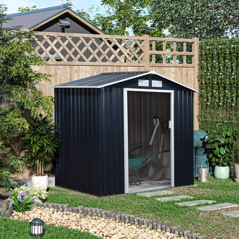 Black 7ft x 4ft Metal Shed With Ventilation Slots, Foundation Kit and Lockable Double Doors