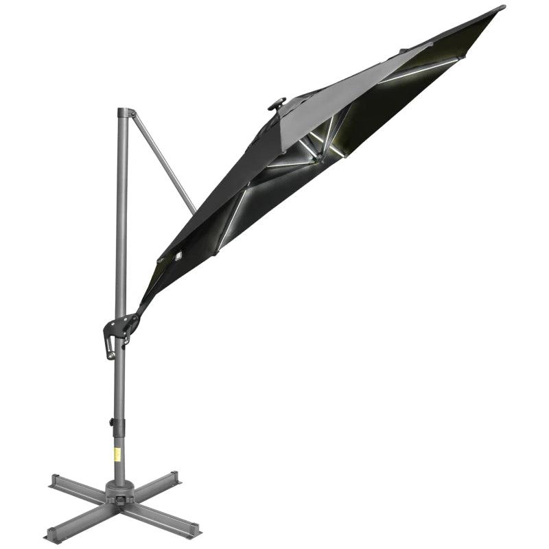 2.55H x 2.98m Dark Grey Adjustable Cantilever Parasol With LED Lights