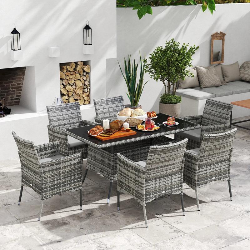 6 Seater Grey Rattan Dining Set With Armchairs & Glass Top Table
