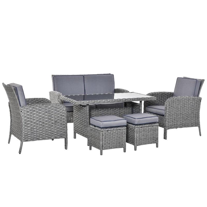 6 Seater Rattan Garden Furniture Set With Glass Top Dining Table, Loveseat, 2 Armchairs and Ottomans
