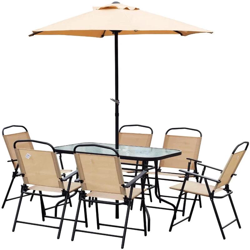8 Piece Metal Dining Set With Beige Parasol