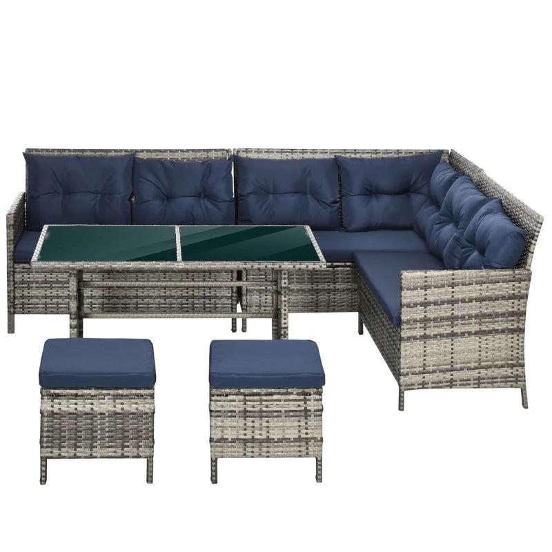 8-Seater Rattan Corner Sofa With Glass Table & Blue Cushions