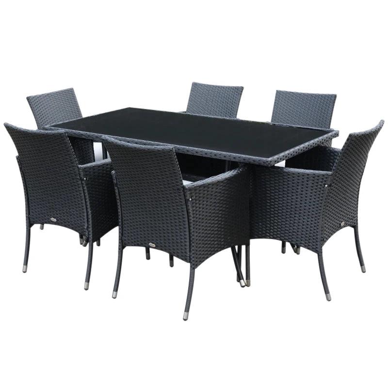 Black 6 Seater Rattan Dining Set With 6 Armchairs, Rectangular Glass Top Table, Outdoor Dining Table and Chairs