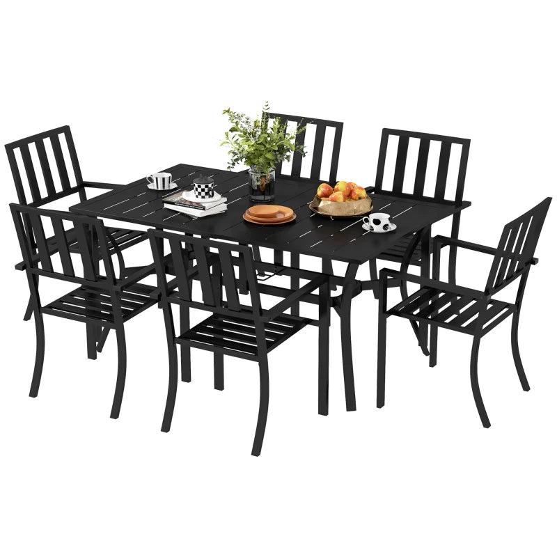 Black Metal 7 Piece Garden Dining Set With Umbrella Hole & Table Plus Stackable Chairs
