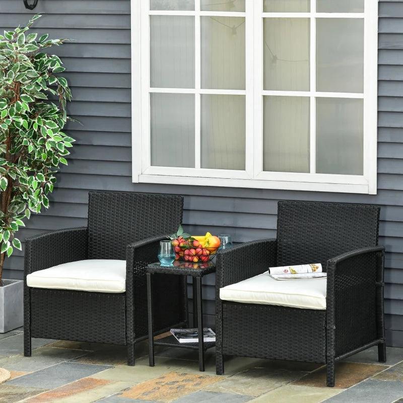 Black Rattan Bistro Set With Pillows