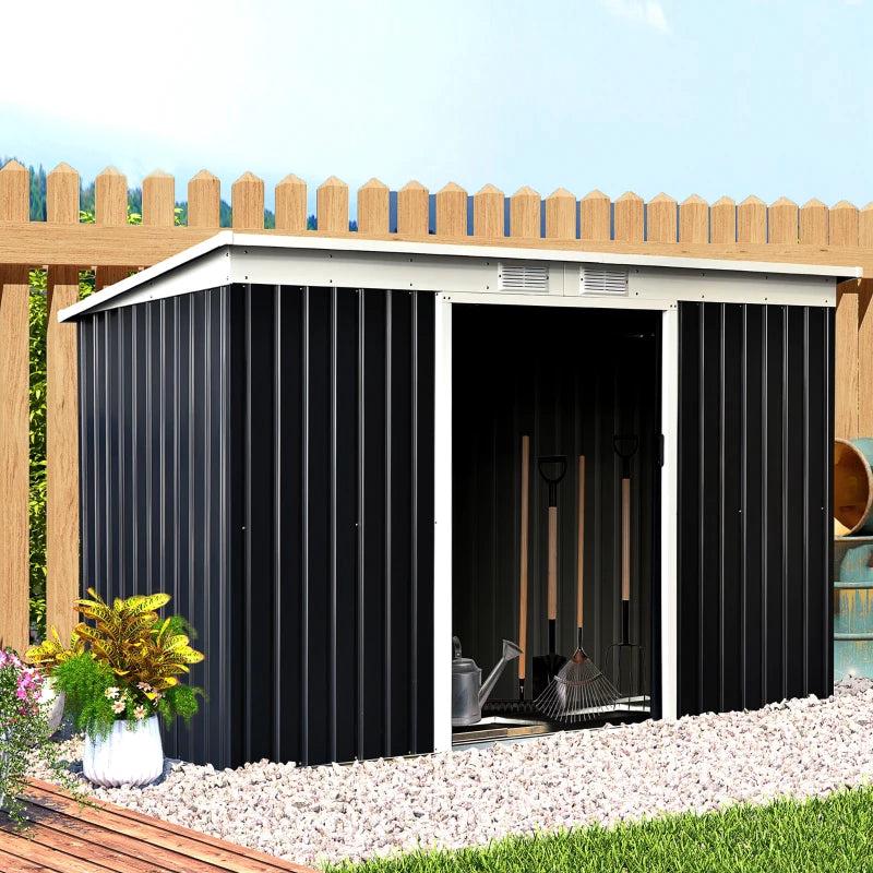 Black 9ft x 4ft Metal Garden Storage Shed With Foundation Kit, Ventilation and Double Doors