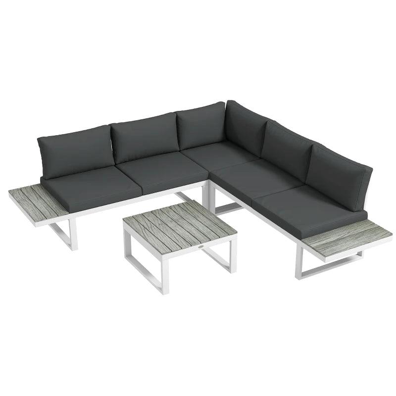 White Framed Metal Corner Sofa Set With Cushions & Woodgrain Table