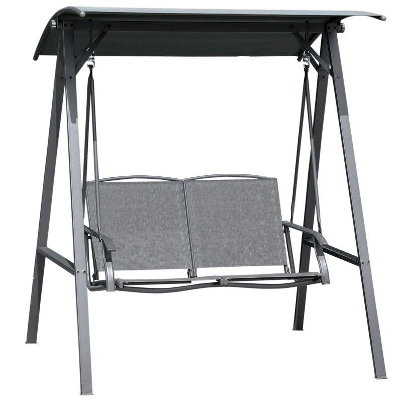 2 Seater Dark Grey Garden Swing Bench - Outdoor Canopy Swing Bench with Adjustable Shade, Metal Frame and Texteline Seat