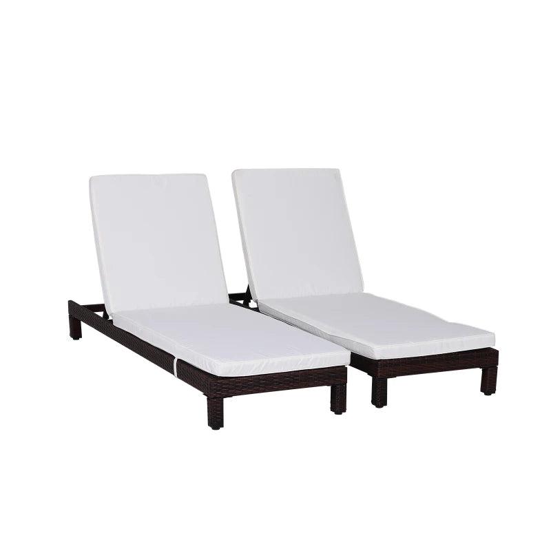 2 Seater Rattan Sun Lounger Set - Brown/Cream White
