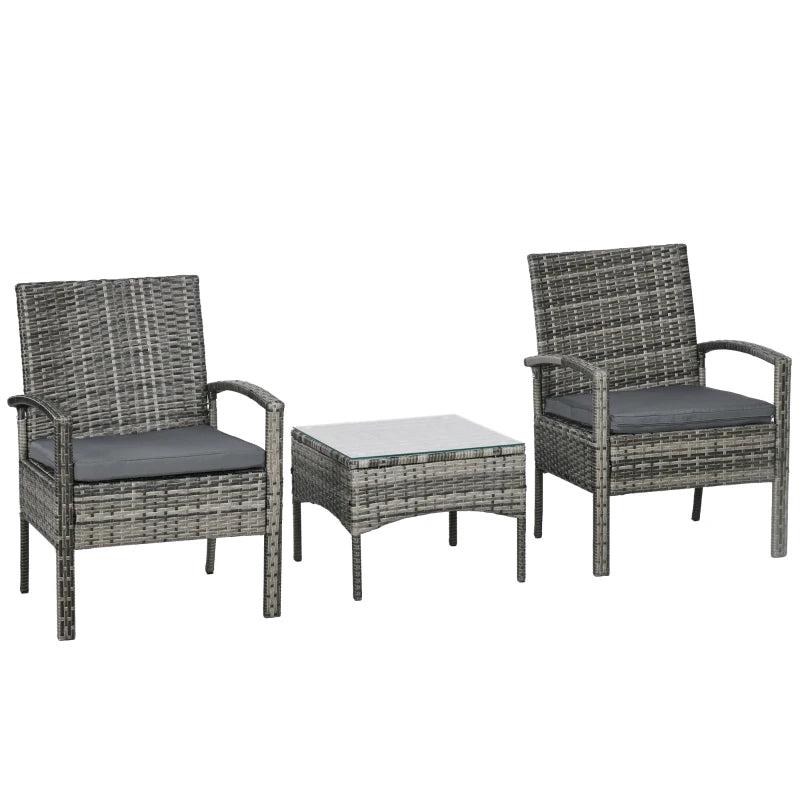 3-Piece Grey Rattan Patio Bistro Set with Cushioned Chairs