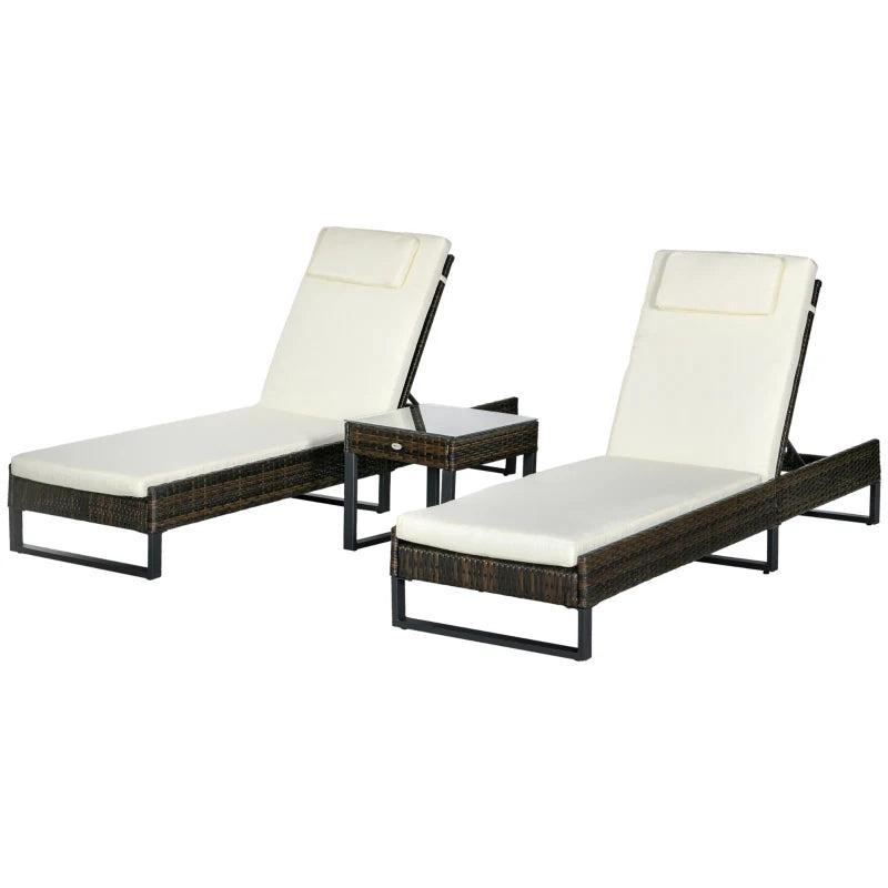 3-Piece Reclining Lounger Set with Glass-Top Table in Cream