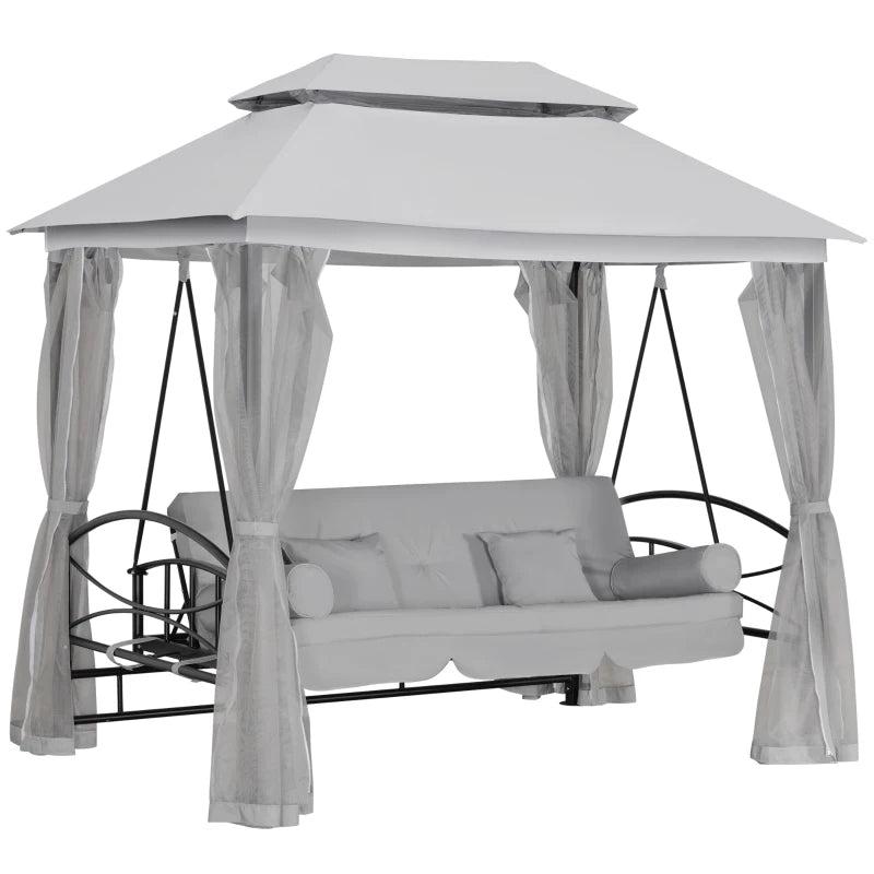 3 Seater Outdoor Swing Bed with Canopy, Cushioned Seat - Light Grey