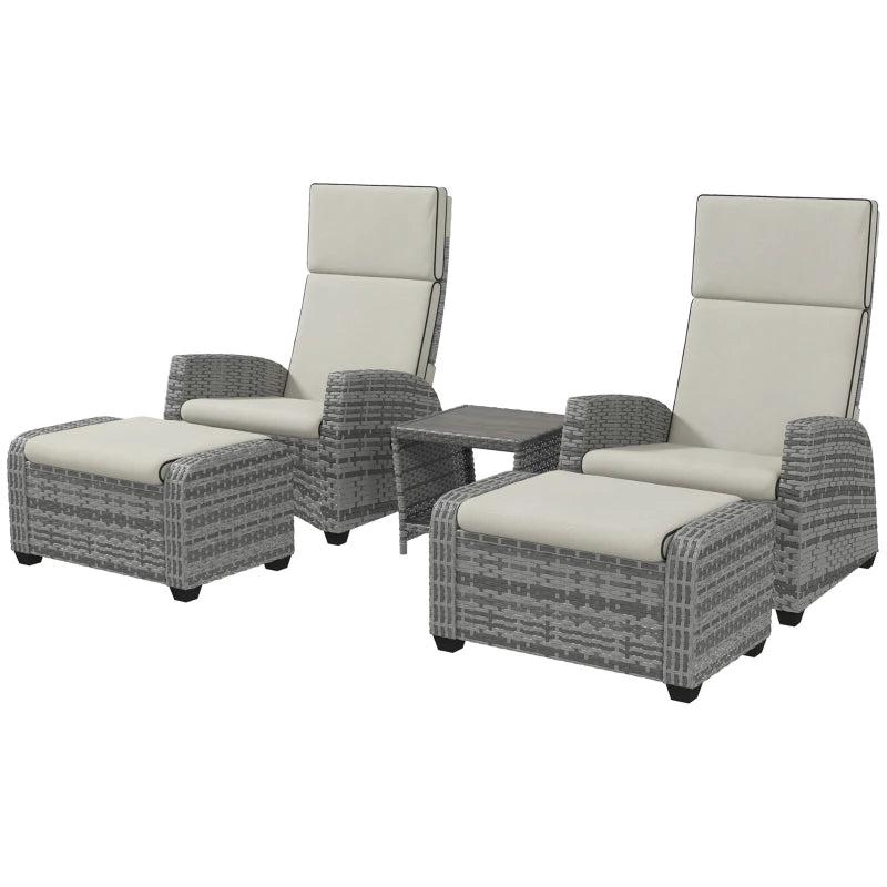 5-Piece Grey Rattan Patio Recliner Set with Footstools & Coffee Table